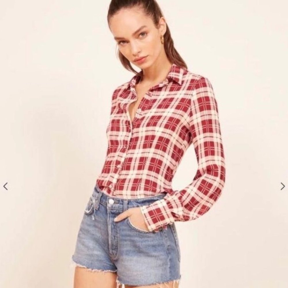 Reformation Red and Cream Plaid Button-Up Shirt - Picture 2 of 8